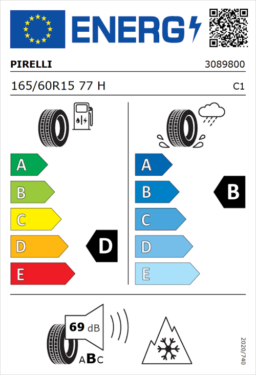 Tyre Label for Pirelli Cinturato All Season + 165/60R15 77H