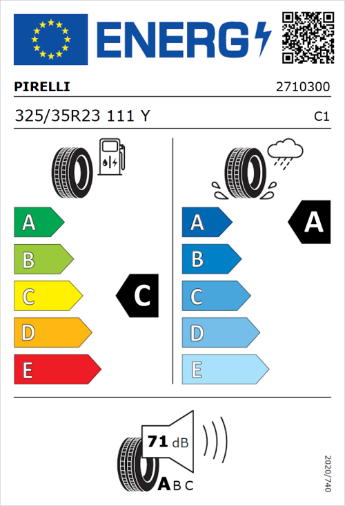 Tyre Label for Pirelli P Zero (PZ4) Sport Car 325/35R23 111Y