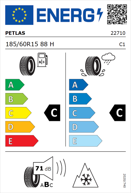 Tyre Label for Petlas Multi Action PT565 185/60R15 88H