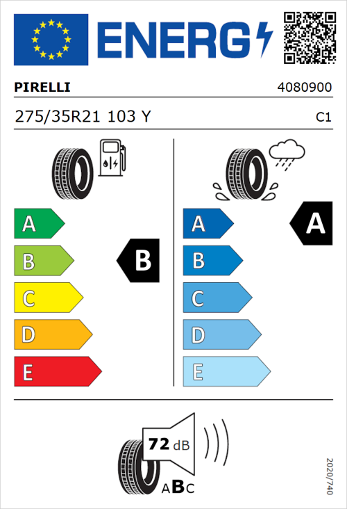 Tyre Label for Pirelli P ZERO E 275/35R21 103Y